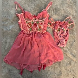 For Love and Lemons Needle Point Rose Pink Lingerie Set XS